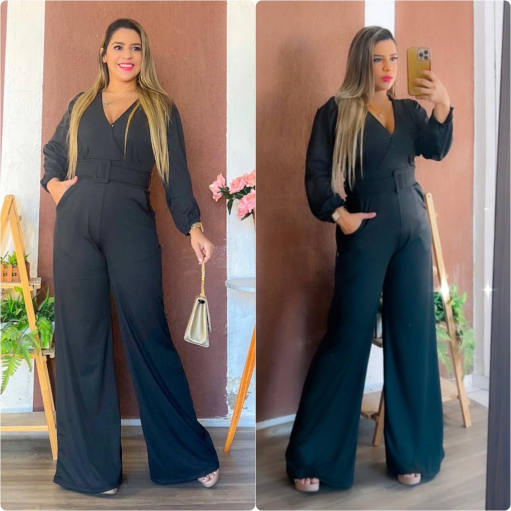 Mulher vestindo macacão preto de manga longa