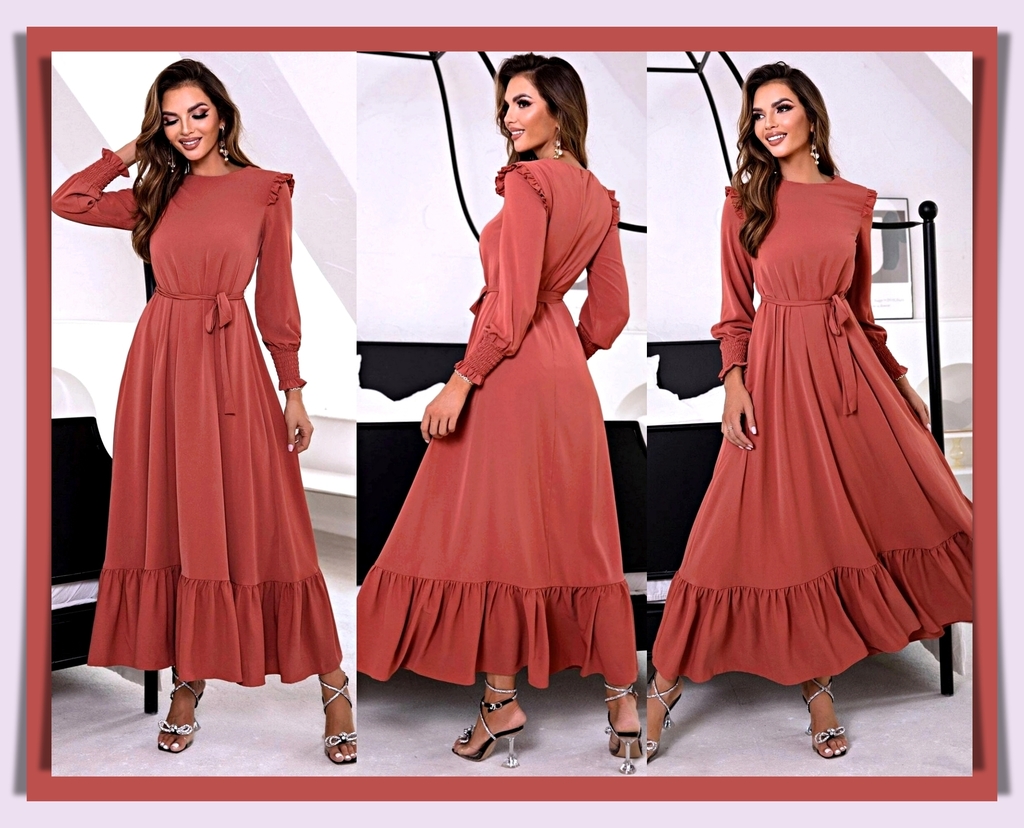 Colagem com fotos de uma mulher usando vestido longo de mangas compridas na cor terra