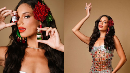 Alane Dias posa com vestido feito com frasco de perfume do Pará