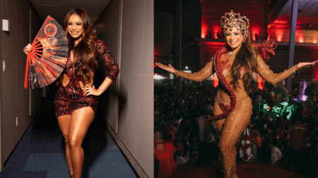 Lexa usa look transparente de 100 mil cristais bordados à mão em evento de escola de Samba Lexa usa look transparente de 100 mil cristais bordados à mão em evento de escola de Samba