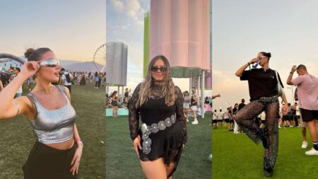 Looks para o The Town 2025: como curtir o festival com estilo Três mulheres em um festival de música vestindo diferentes estilos de looks fashion: a primeira com top prateado futurista e óculos espelhados, a segunda com vestido preto rendado e cinto de discos metálicos, e a terceira com blusa preta oversized e calça transparente com brilhos.