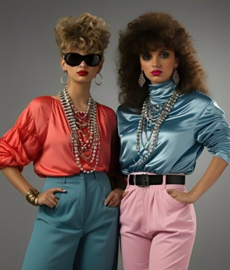 Moda anos 80 feminina: roupas, acessórios e referências para reinventar o estilo hoje Duas mulheres com visual dos anos 80, usando blusas de cetim coloridas, calças de cintura alta, colares longos em camadas e penteados volumosos, uma com óculos escuros e batom vermelho e outra com batom rosa vibrante.
