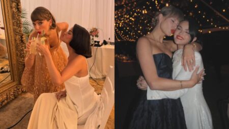 Luxo! Veja preços dos vestidos de Taylor Swift no casamento de Selena Gomez Taylor Swift e Selena Gomez brindam e se abraçam durante o casamento, com a cantora usando vestidos das grifes Oscar de la Renta e Maticevski