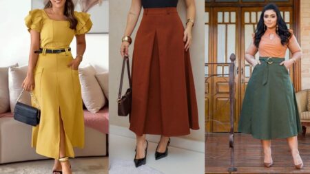 Três mulheres usando diferentes modelos de saia midi em looks elegantes: uma amarela com fenda, uma marrom de alfaiataria e uma verde com cinto.