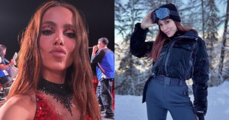 Anitta quebra protocolo com look ousado em evento de príncipe William; veja Anitta posa em dois momentos distintos: à esquerda, com look vermelho brilhante em show; à direita, em cenário de neve com roupa de inverno e touca preta.