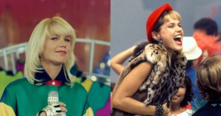 Xuxa vira tema de aula de Sasha em NY e reação da filha diverte; veja Montagem com duas fotos de Xuxa nos anos 80, usando figurinos coloridos e acessórios marcantes, em cenas de programas de TV.
