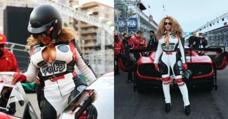 Beyoncé transforma paddock em passarela com macacão branco da Louis Vuitton; veja detalhes Beyoncé usando macacão branco de couro com detalhes racing da Louis Vuitton enquanto posa com carro esportivo no paddock da Fórmula 1