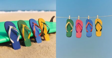 Havaianas lidera ranking global e vira o item mais desejado do mundo Modelos coloridos de chinelos Havaianas dispostos na areia e pendurados em varal sob céu azul