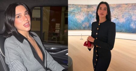 Dua Lipa lança linha de skincare com tecnologia de ponta e produtos acessíveis Dua Lipa aparece em dois momentos distintos — em um carro, usando blazer xadrez, e em um museu, vestindo um conjunto preto elegante com botões dourados.