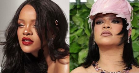 Rihanna chama atenção com look rosa e chapéu polêmico no Gotham Awards Rihanna aparece em duas imagens lado a lado: à esquerda com maquiagem glamorosa e batom vermelho, e à direita usando chapéu rosa com plumas no look exibido no Gotham Awards.