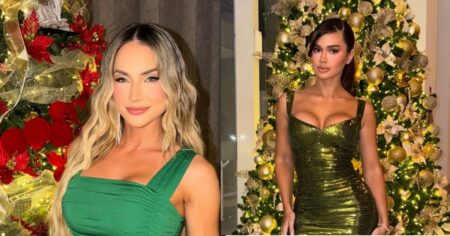 Entre brilho e elegância, famosas apostam no verde para o Natal Famosas usam vestidos verdes em frente à árvore de Natal e destacam brilho e elegância nos looks escolhidos para a celebração
