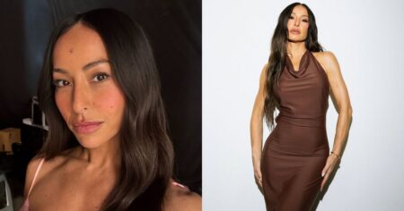 Sabrina Sato exibe look com plumas em minidesfile da Vila Isabel; veja detalhes Sabrina Sato aparece em dois registros, um close com maquiagem leve e outro usando vestido marrom ajustado, posando diante de fundo claro.