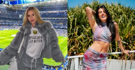 Montagem com Virginia Fonseca em estádio usando calça jeans escura e Ana Castela ao ar livre vestindo calça jeans flare semelhante, em looks diferentes que chamaram atenção nas redes sociais.