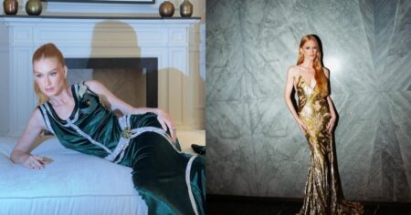 Marina Ruy Barbosa posa em dois registros de moda, usando vestidos de alta-costura verde e dourado em ensaio elegante publicado no Instagram.