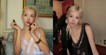 Rosé posa em duas fotos lado a lado, usando looks elegantes em tons claros e escuros, com cabelo loiro preso e maquiagem suave durante evento em ambiente interno.