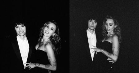 Miley Cyrus exibe anel de noivado avaliado em milhões; confira Miley Cyrus posa ao lado de Maxx Morando em fotos em preto e branco durante evento.
