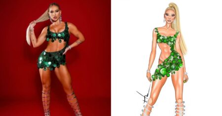 Virginia Fonseca posa com look verde de Carnaval inspirado na Grande Rio ao lado de ilustração do figurino desenhado pelo designer responsável pela produção