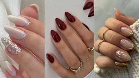 Unhas para formatura: tendências e ideias para brilhar na festa Unhas para formatura com designs elegantes, incluindo nude com glitter, vermelho clássico e francesinha dourada sofisticada.
