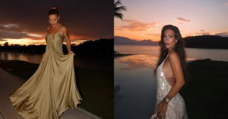 Montagem mostra Andressa Suita com vestido longo dourado ao entardecer e Gabi Brandt com vestido claro e brilhante à beira de um espelho d’água durante a virada de Ano Novo.