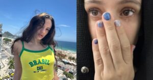 Rosalía dita tendência de verão com unhas azuis durante férias no Rio; veja detalhes Rosalía posa durante férias no Rio de Janeiro exibindo unhas em tons de azul