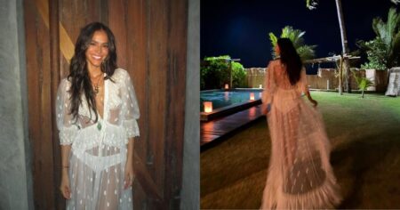 Bruna Marquezine usa vestido branco rendado em fotos do Réveillon em São Miguel dos Milagres, com registros frontal e de costas