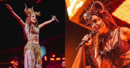 Anitta se apresenta nos Ensaios de Carnaval usando figurino inspirado no signo de Áries, com headpiece de chifres e look dourado durante show em Belém do Pará