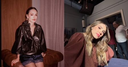 Isabelle Drummond posa em montagem com dois looks usados na estreia da novela Coração Acelerado, em Goiânia, em evento de lançamento da TV Globo