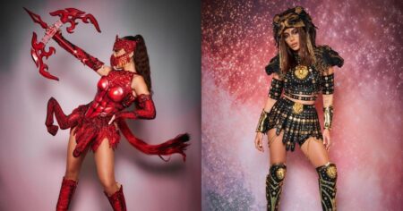 Anitta posa com dois figurinos dos Ensaios 2026, à esquerda usa look vermelho inspirado em Sagitário com referência ao centauro e, à direita, aparece com figurino preto e dourado baseado no signo de Leão, dentro do tema Cosmos