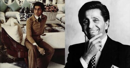 Valentino Garavani em imagens de arquivo, à esquerda em ambiente sofisticado com look clássico dos anos 1960 e, à direita, em retrato em preto e branco sorrindo, usando terno elegante e gravata.