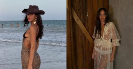 Bruna Marquezine mostra como acessórios elevam look de verão em Salvador Bruna Marquezine posa na praia usando chapéu e look de verão com acessórios marcantes; em outro registro, a atriz aparece com vestido transparente claro e joias em ambiente rústico de madeira