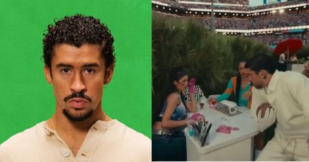 Manicure no show do Bad Bunny vira símbolo de orgulho para mulheres latinas Montagem mostra Bad Bunny em retrato e, ao lado, manicure realizando nail art durante apresentação do cantor no Super Bowl