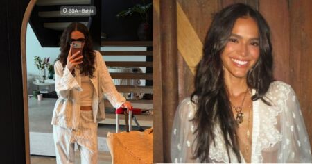 De chinelo e bolsa de R$ 18 mil, Bruna Marquezine desembarca em Salvador Montagem mostra Bruna Marquezine em Salvador com look despojado e bolsa de palha de luxo ao lado de foto da atriz sorrindo em evento