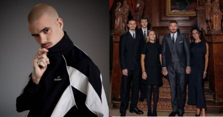Romeo Beckham posa para ensaio de moda com visual urbano; à direita, David e Victoria Beckham aparecem com os filhos em evento formal.