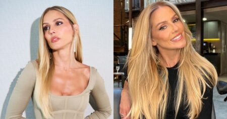 Deborah Secco posa com looks neutros em montagem de fotos no closet e em ambiente interno, com cabelos longos e lisos
