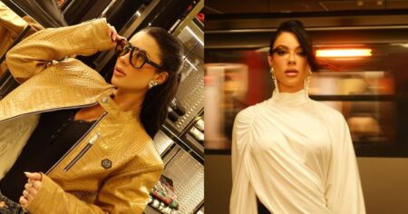 Rayane Figliuzzi posa em Milão com jaqueta bege e óculos escuros e, em outro registro, usa blusa branca elegante durante temporada de moda