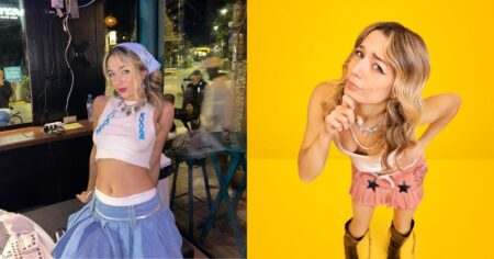 BBB 26: Samira Sagr resgata estética Y2K e dita moda com closet anos 2000 Montagem com dois looks de Samira Sagr: à esquerda, ela usa bandana azul, cropped branco e minissaia jeans; à direita, sobre fundo amarelo, veste minissaia rosa com estrelas pretas e botas de cano alto.