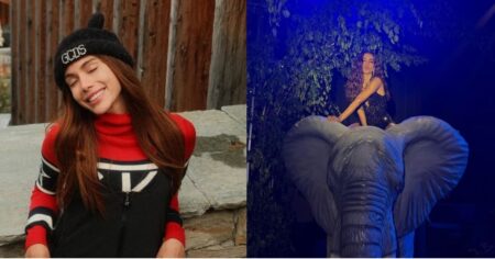 Anitta aposta em looks ousados na sua festa de 33 anos e acessório chama atenção Anitta com look casual de gorro e tricô e, ao lado, em produção noturna com vestido preto montada em escultura de elefante durante aniversário de 33 anos