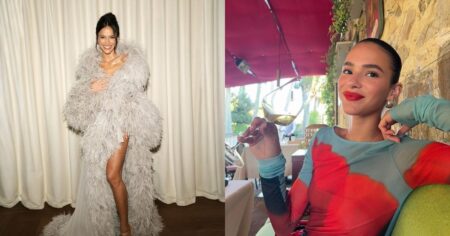 Bruna Marquezine em dois momentos, um com vestido glamouroso de tapete vermelho e outro em restaurante segurando taça de vinho