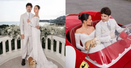 Charles Leclerc e Alexandra Saint Mleux posam após casamento civil em Mônaco e aparecem dentro de Ferrari vermelha vintage