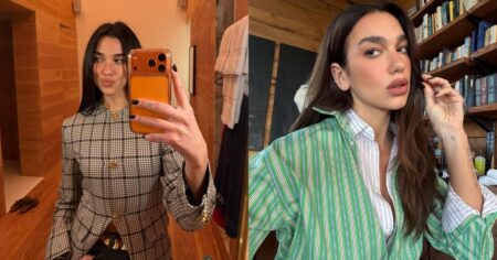 Dua Lipa posa em selfie no espelho com look de blazer estampado e, em outra imagem, aparece com camisa listrada verde em ambiente com estante de livros